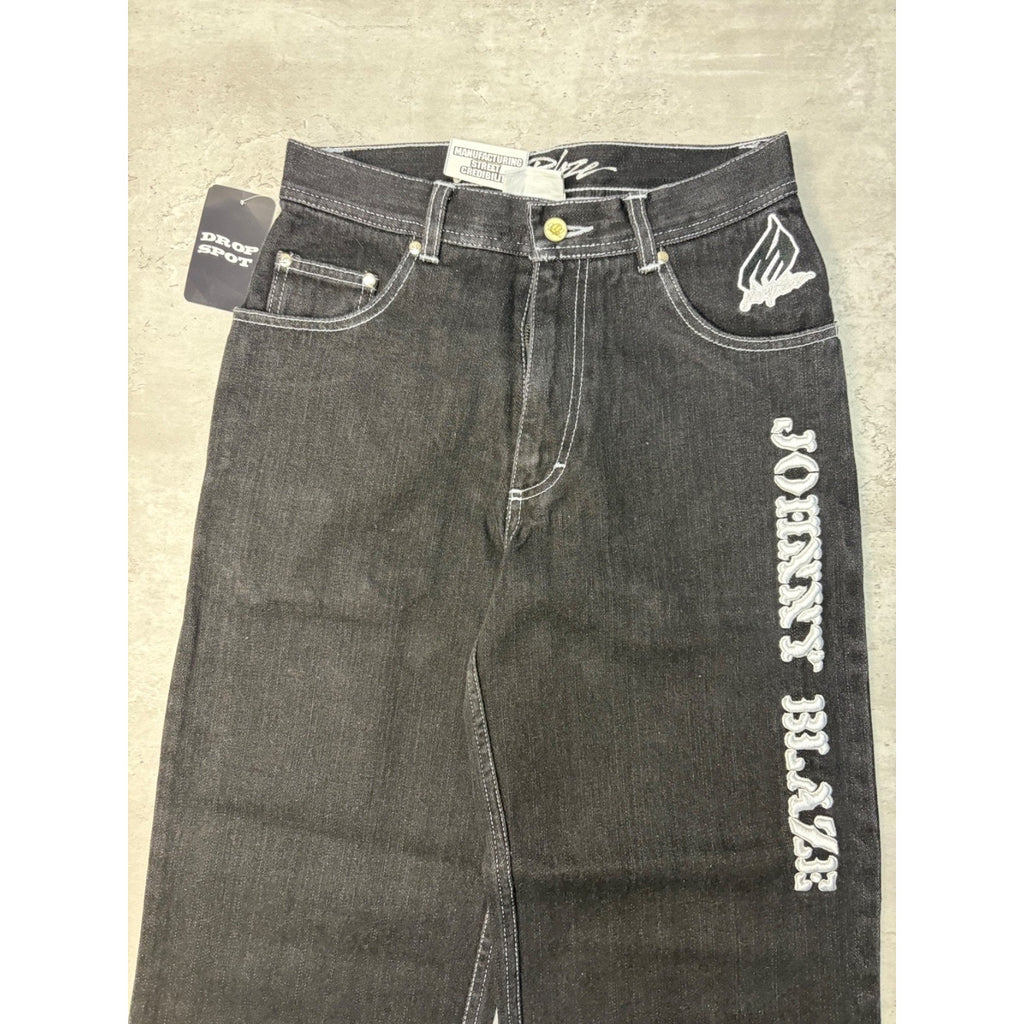 Y2K Womens Johnny Blaze Embroidered Spellout Black Wash Denim Pants 28x29