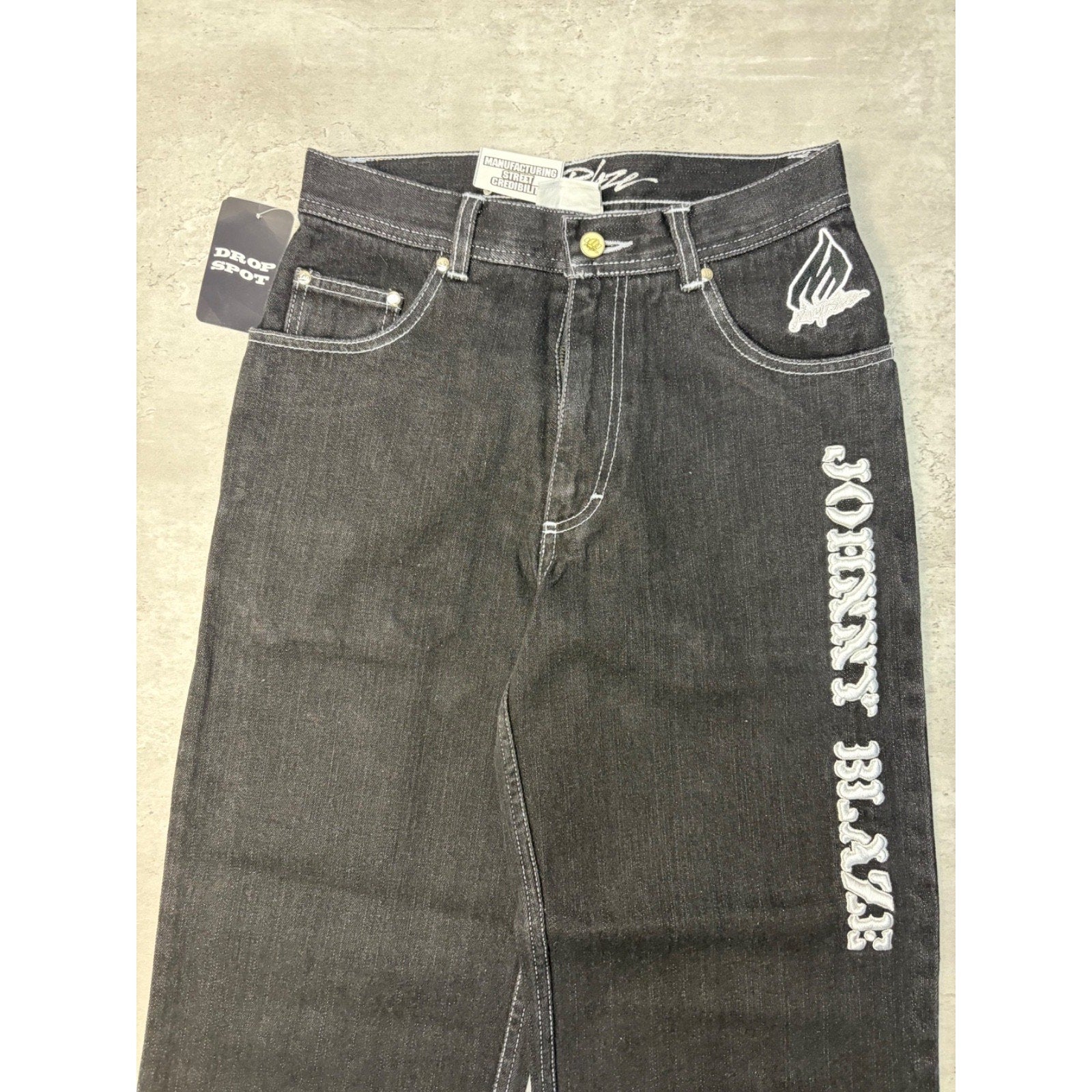 Y2K Womens Johnny Blaze Embroidered Spellout Black Wash Denim Pants 28x29