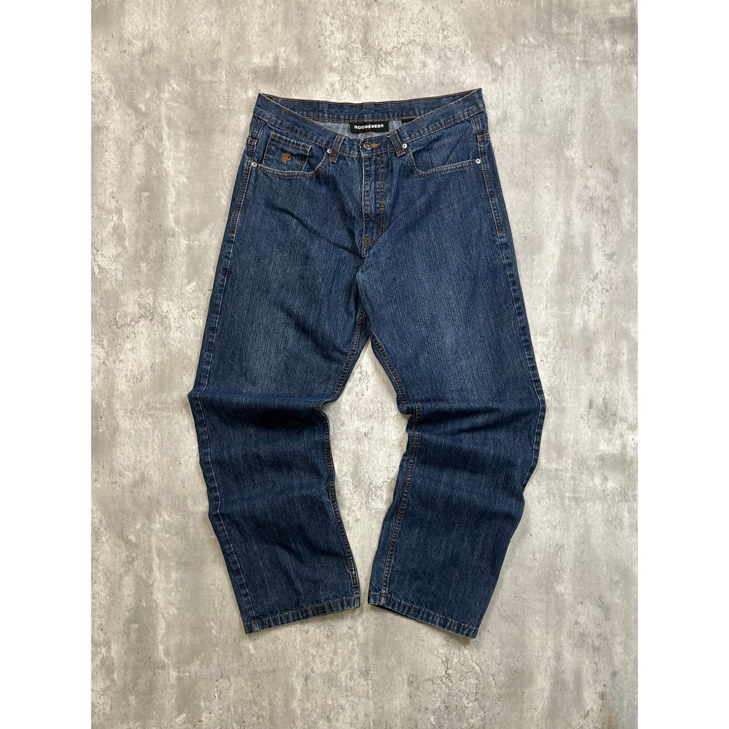 Vintage Y2K Roca Wear Embroidered Pockets Dark Wash Denim Pants Size 35