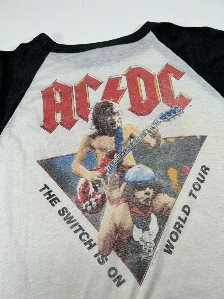 Vtg 80s ACDC Flick Of The Switch World Tour Rock Music Raglan T-Shirt Sz Medium