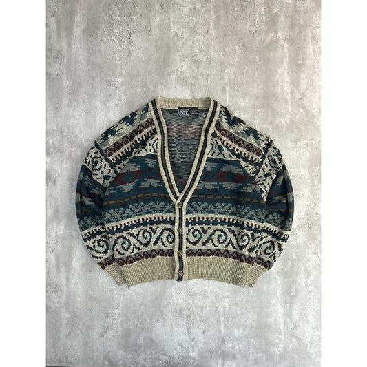 Vintage 90s Design Crew Abstract Striped Knit Cardigan Sweater Size Large