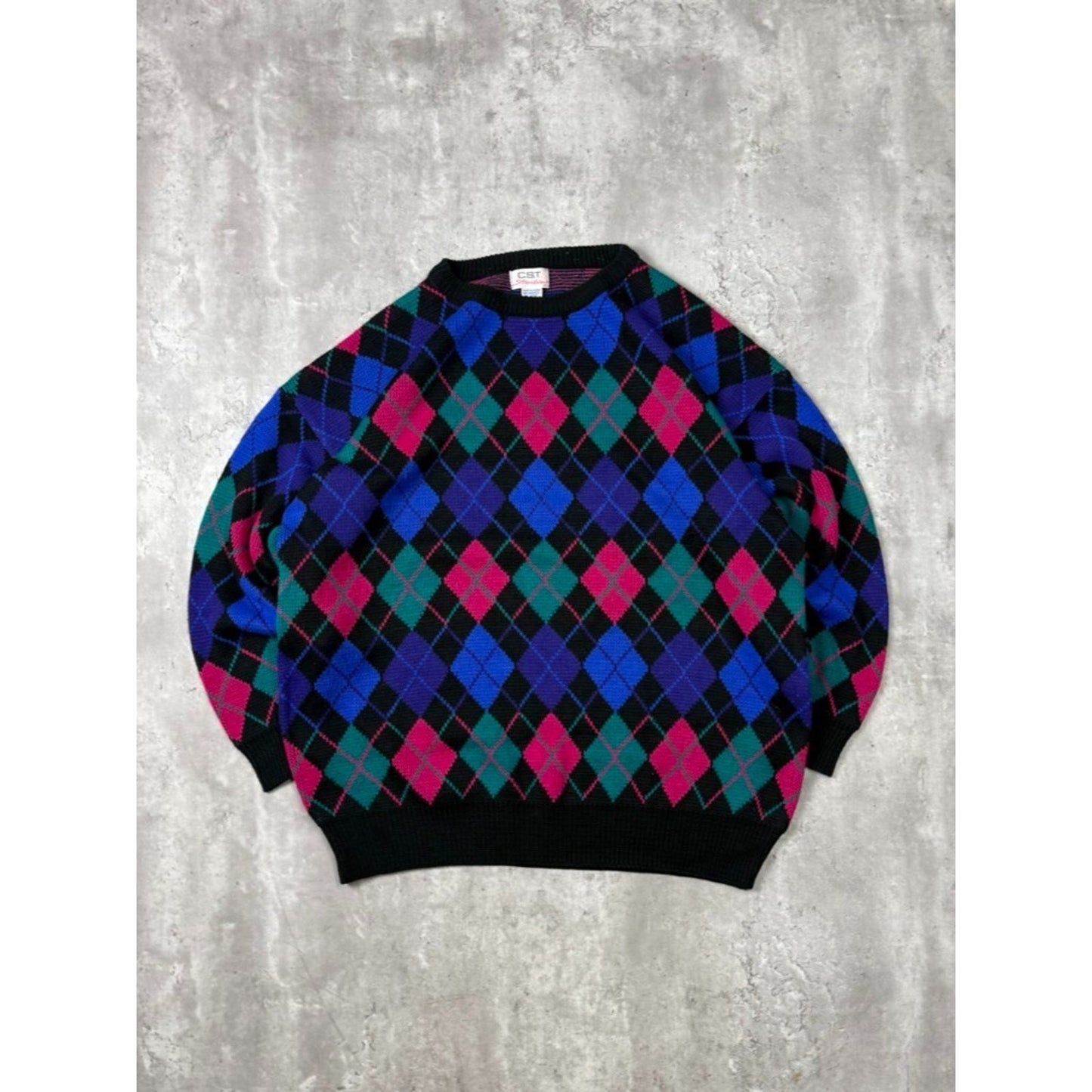 Vintage 90s C.S.T Studio Argyle Print Pullover Ribbed Knit Sweater Size 2XL