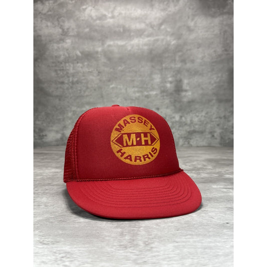 Vintage 1980s Masey Harris Tractors Graphic Logo Trucker Snapback Hat OSFA Red