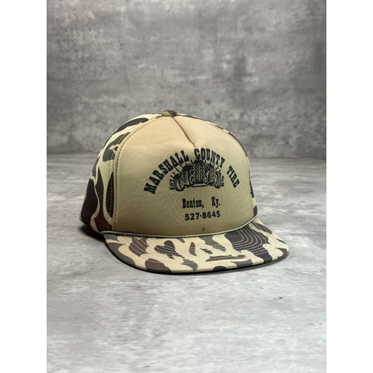 Vintage 80s Marshall County Tire Duck Camo Graphic Snapback Hat OSFA Beige
