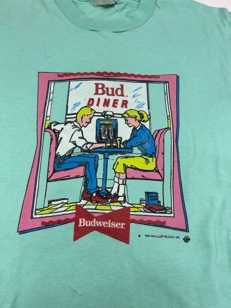 Vintage 1989 Budweiser Bud Diner Retro Cartoon Graphic T-Shirt Size Medium Blue