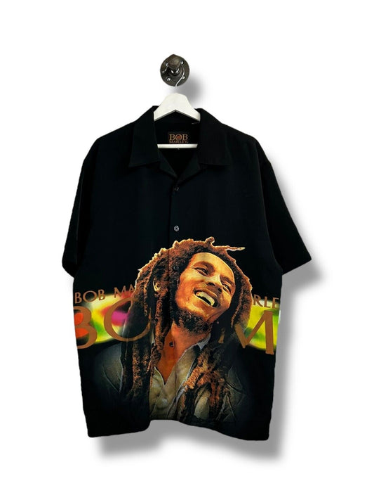 Bob Marley Big Wraparound Graphic Short Sleeve Button Up Shirt Size Large Black