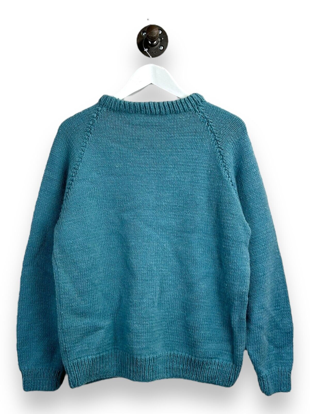 Vintage 80s/90s Hand Knit Ribbed Neck Pullover Knit Sweater Size Large Blue