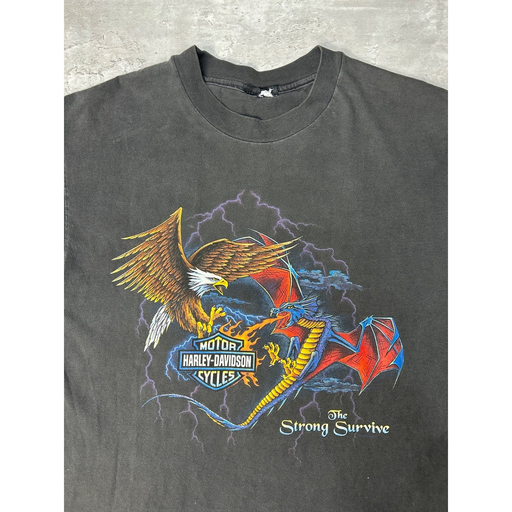 90s Harley Davidson The Strong Survive Bald Eagle Dragon T-Shirt Size Large