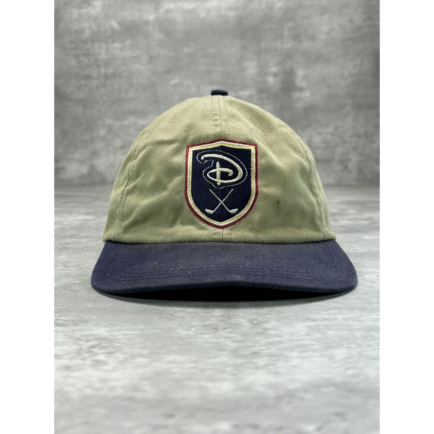 Vintage Disney Golf Embroidered Crest Logo Strapback Hat OSFA Beige