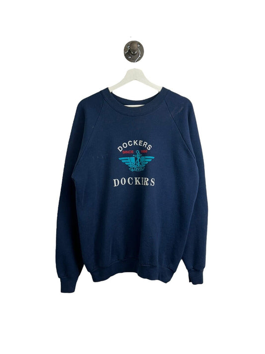 Vintage 90s Dockers By Levis Crest Spellout Crewneck Sweatshirt Size XL Blue