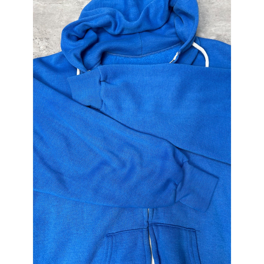 Vintage 80s Full Zip Hooded Blank Blue Sweatshirt Size Large