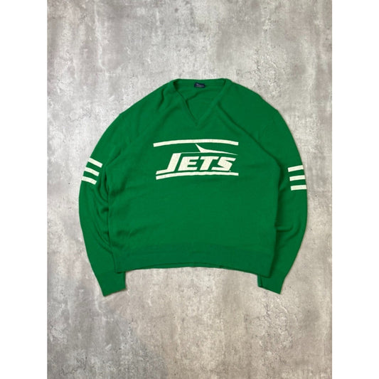 Vintage 80s New York Jets NFL Graphic Spellout Pullover Knit Sweater Size Large