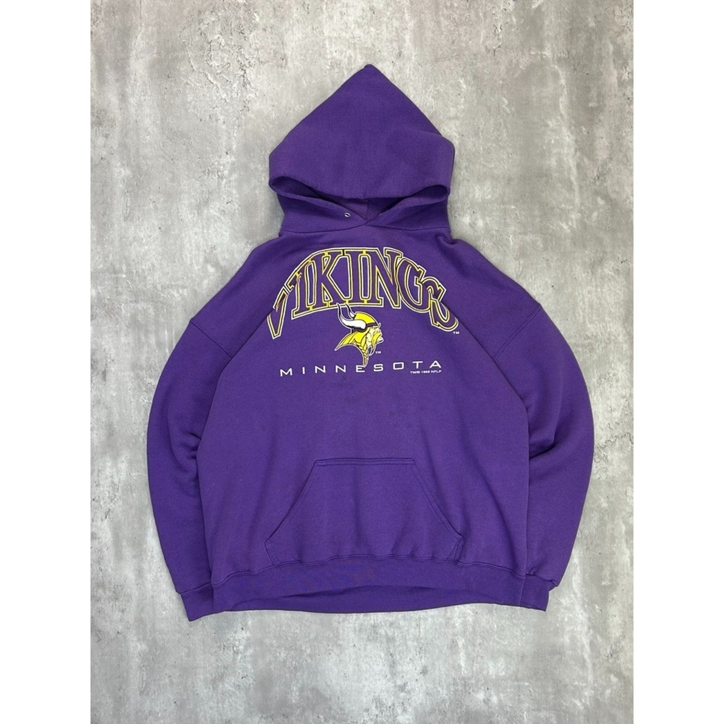 Vintage 90s Minnesota Vikings NFL Graphic Spellout Hooded Sweatshirt Size XL
