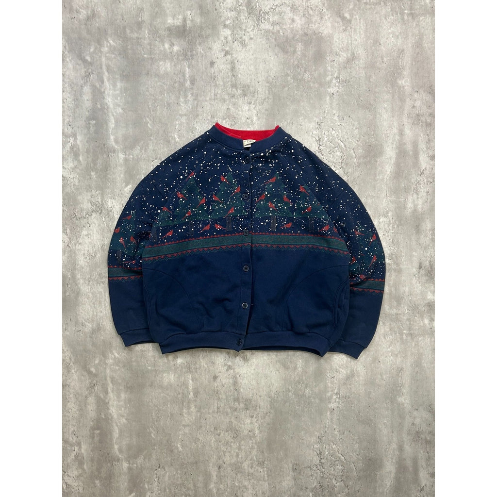 Vintage 90s Cardinal Winter Landscape All Over Print Cardigan Sweatshirt Large