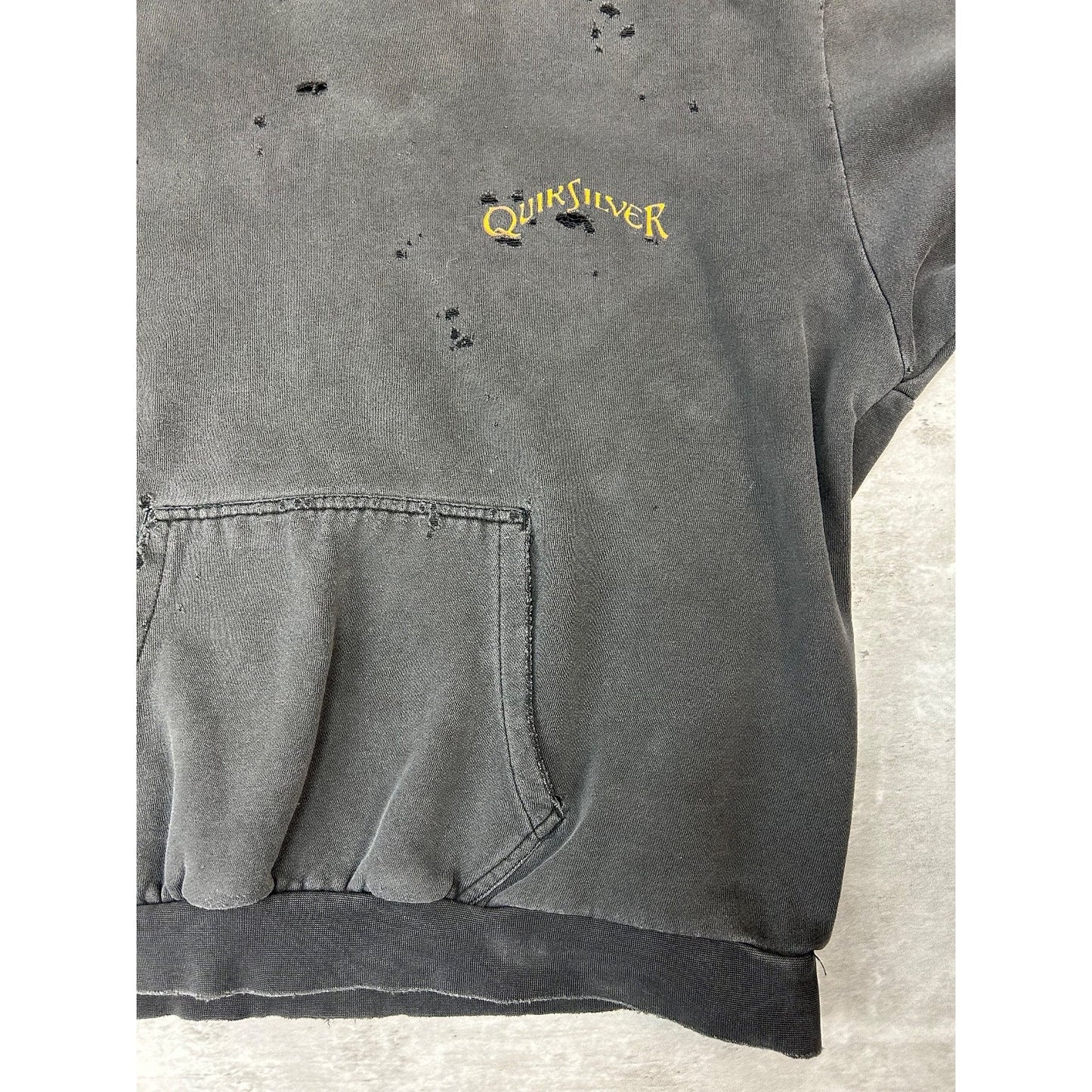 Vintage 90s Quiksilver Distressed Graphic Hooded Sweatshirt Size Small