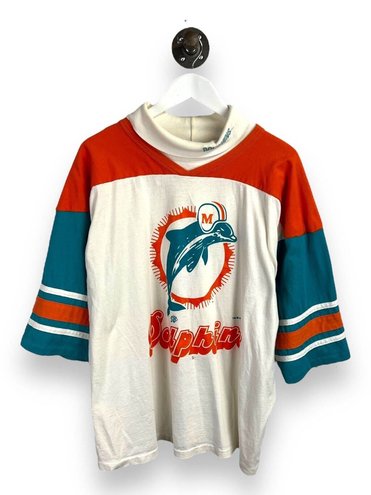 Vintage 1995 Miami Dolphins NFL Graphic Turtle Neck 3/4 Sleeve T-Shirt Size XL