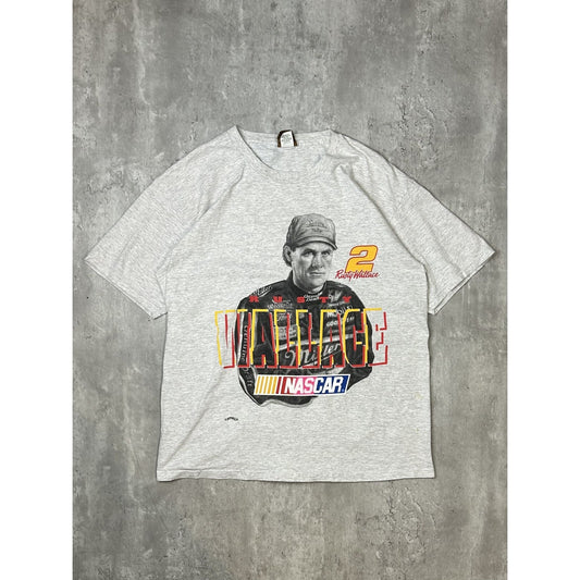 Vintage 90s Rusty Wallace #2 Nascar Portrait Graphic Spellout T-Shirt Size Large