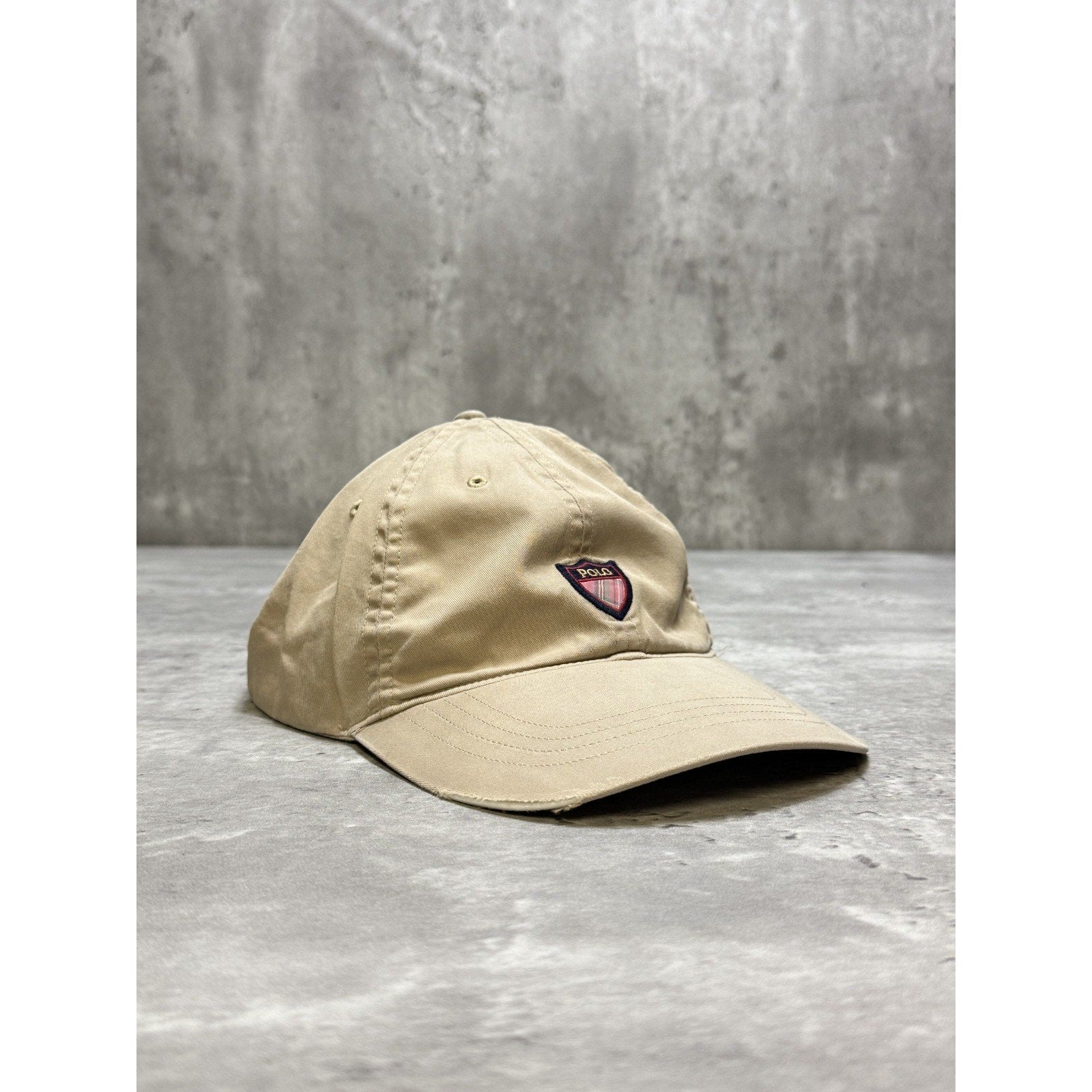 Vintage Polo Ralph Lauren Embroidered Spellout Crest Beige Strapback Hat OSFA