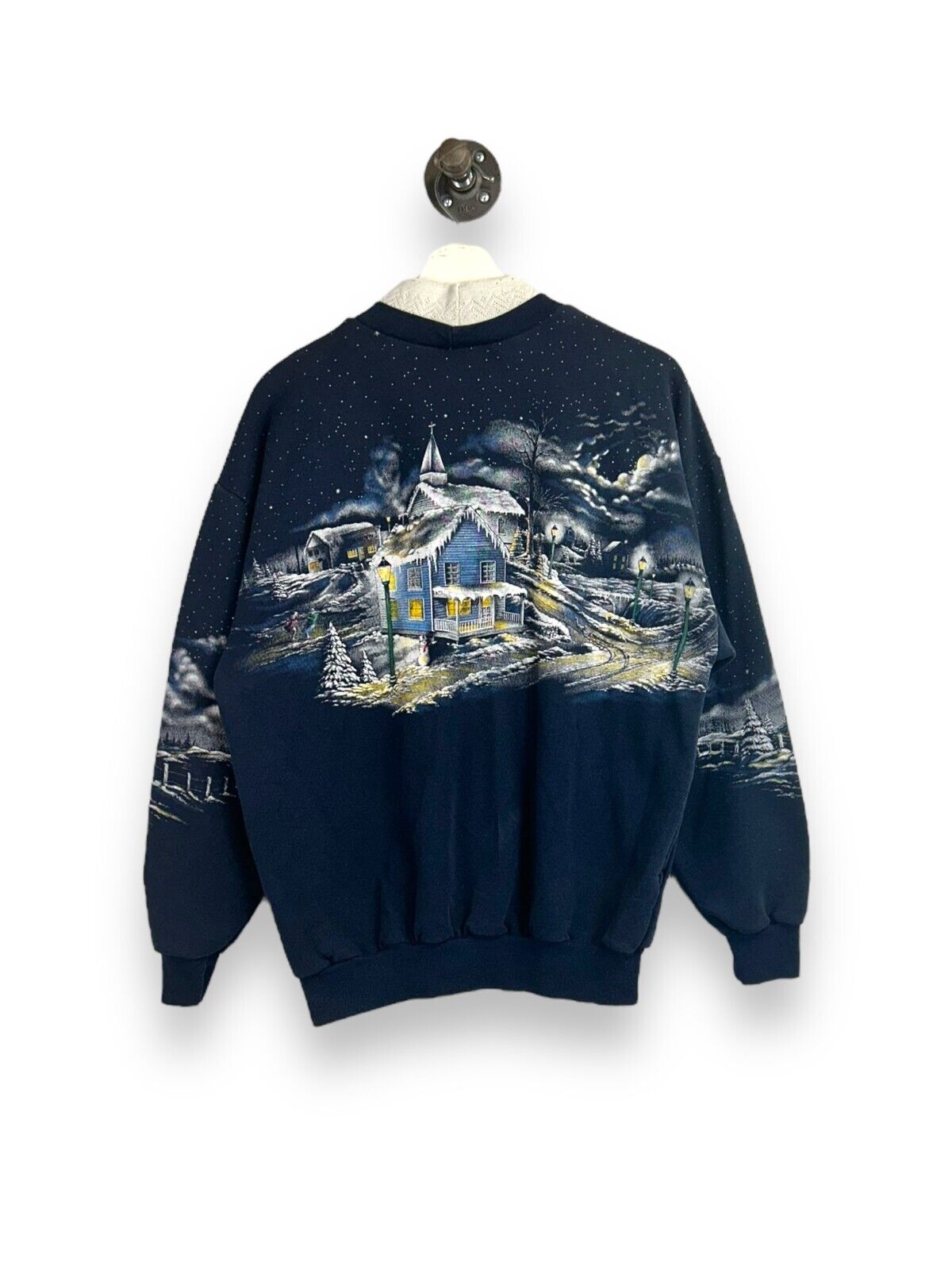 Vintage 90s Winter Landscape All Over Print Pull Over Sweatshirt Size Large Blue