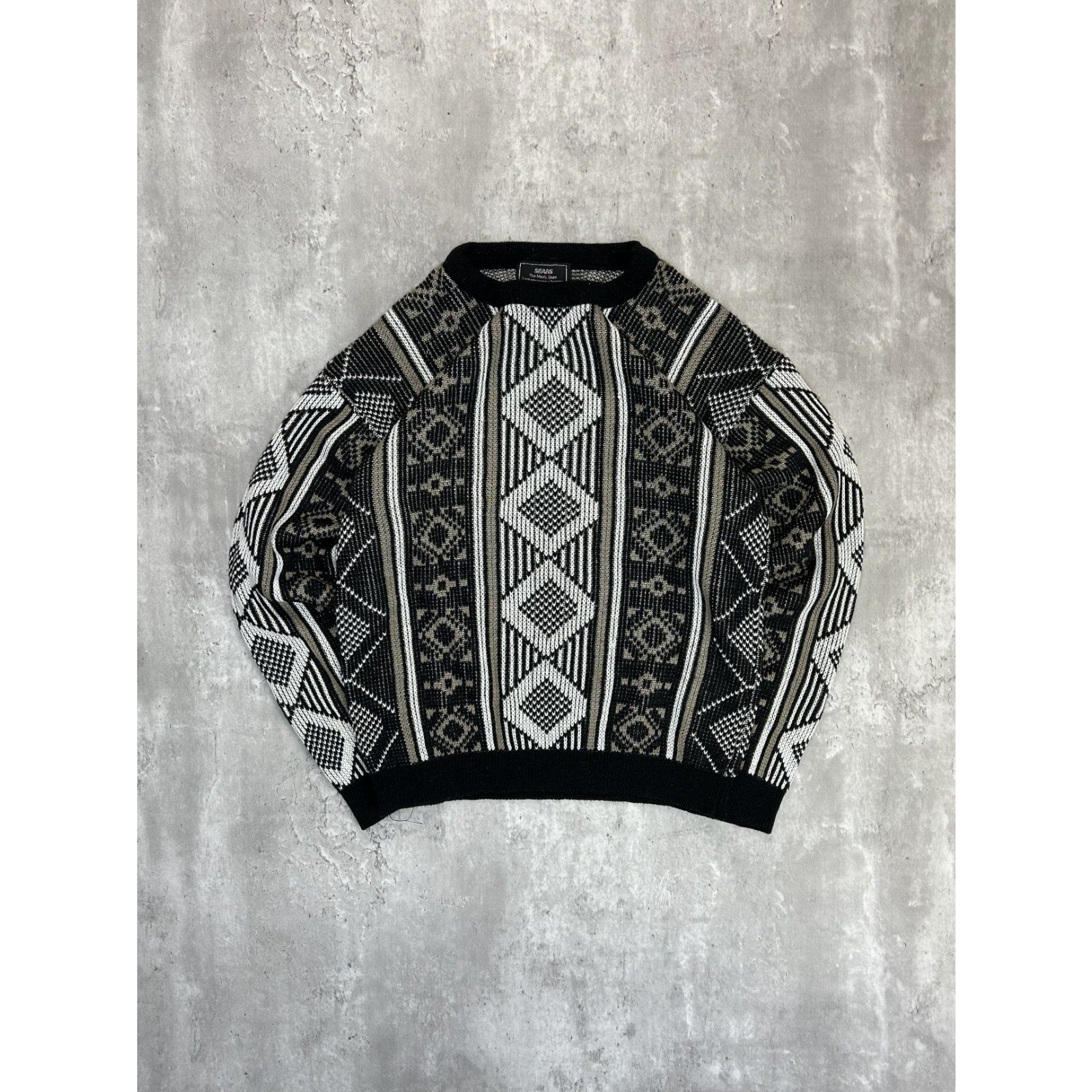 Vintage 80s Sears Geometric Striped Print Pullover Knit Sweater Size Medium