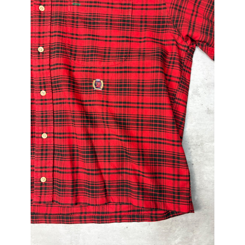Vintage Tommy Hilfiger Embroidered Crest Plaid Cropped Button Up Shirt Sz Medium