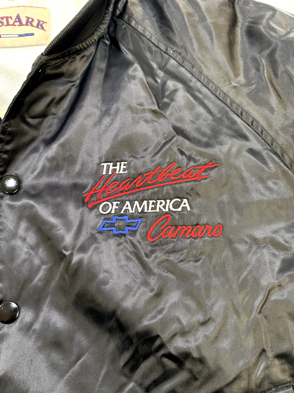 Vintage 80s/90s Heartbeat Of America Camaro Satin Bomber Jacket Size Small Black