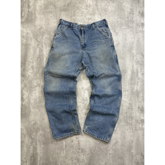 Vintage Carhartt Light Wash Denim Fleece Lined Workwear Carpenter Pants Size 33