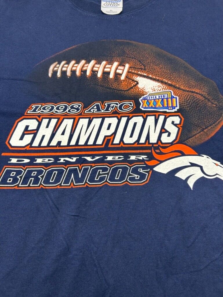 Vintage 1998 Denver Broncos AFC Champs Football Graphic T-Shirt Size XL Blue 90s