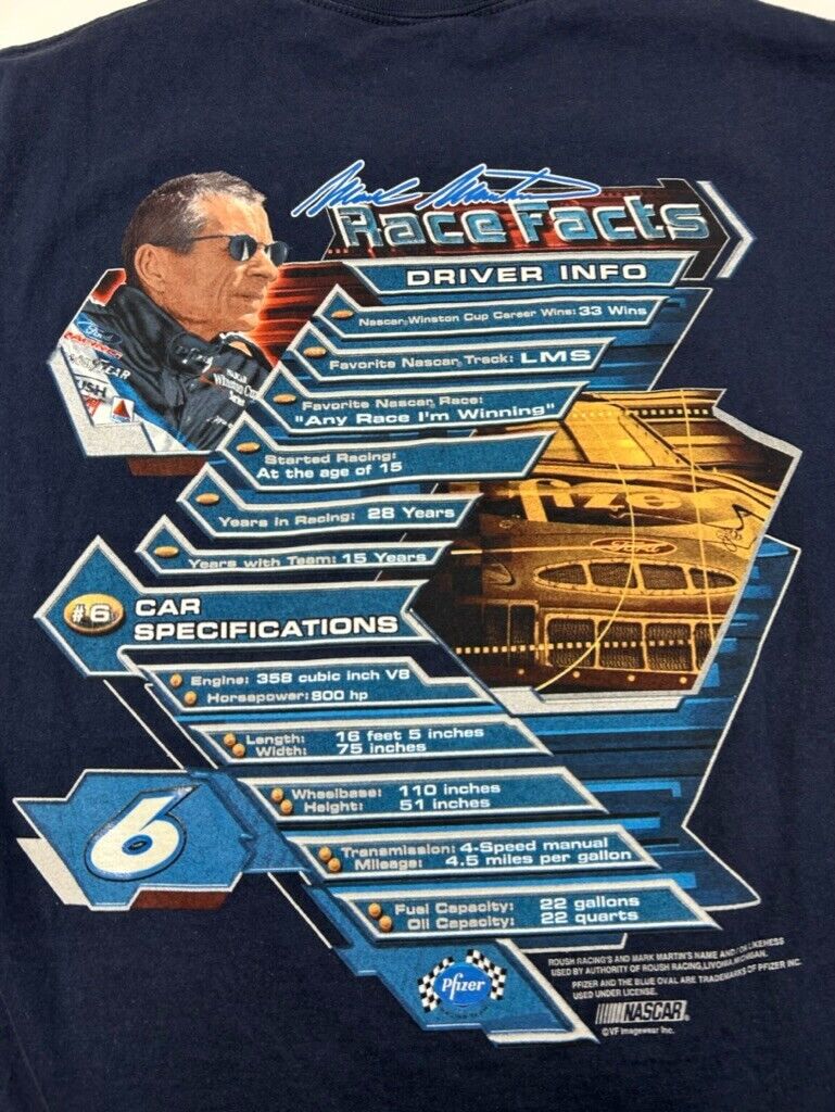 Vintage Mark Martin #6 Nascar Racing Big Face Graphic T-Shirt Size Large