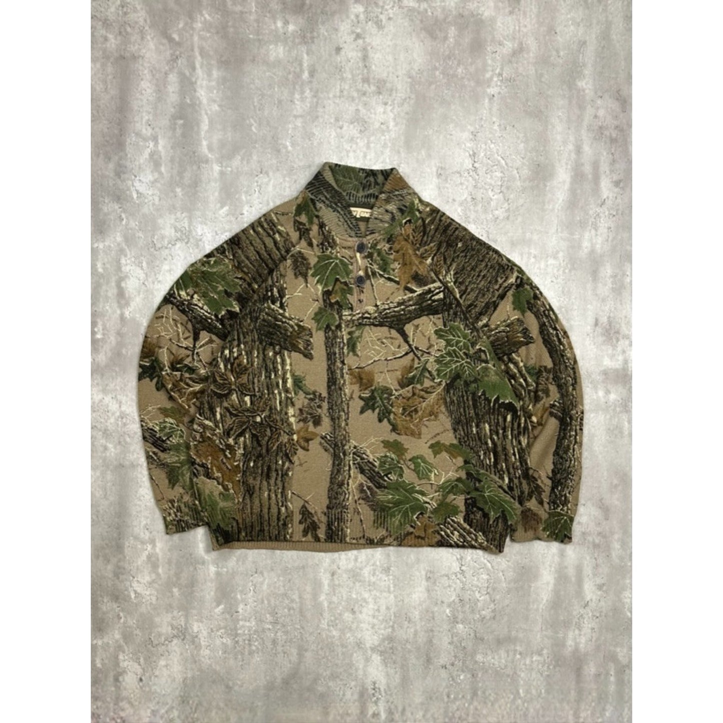 Vintage 80s/90s Saf-T-Bak Tree Camo Hunting 1/4 Button Knit Sweater Size 3XL