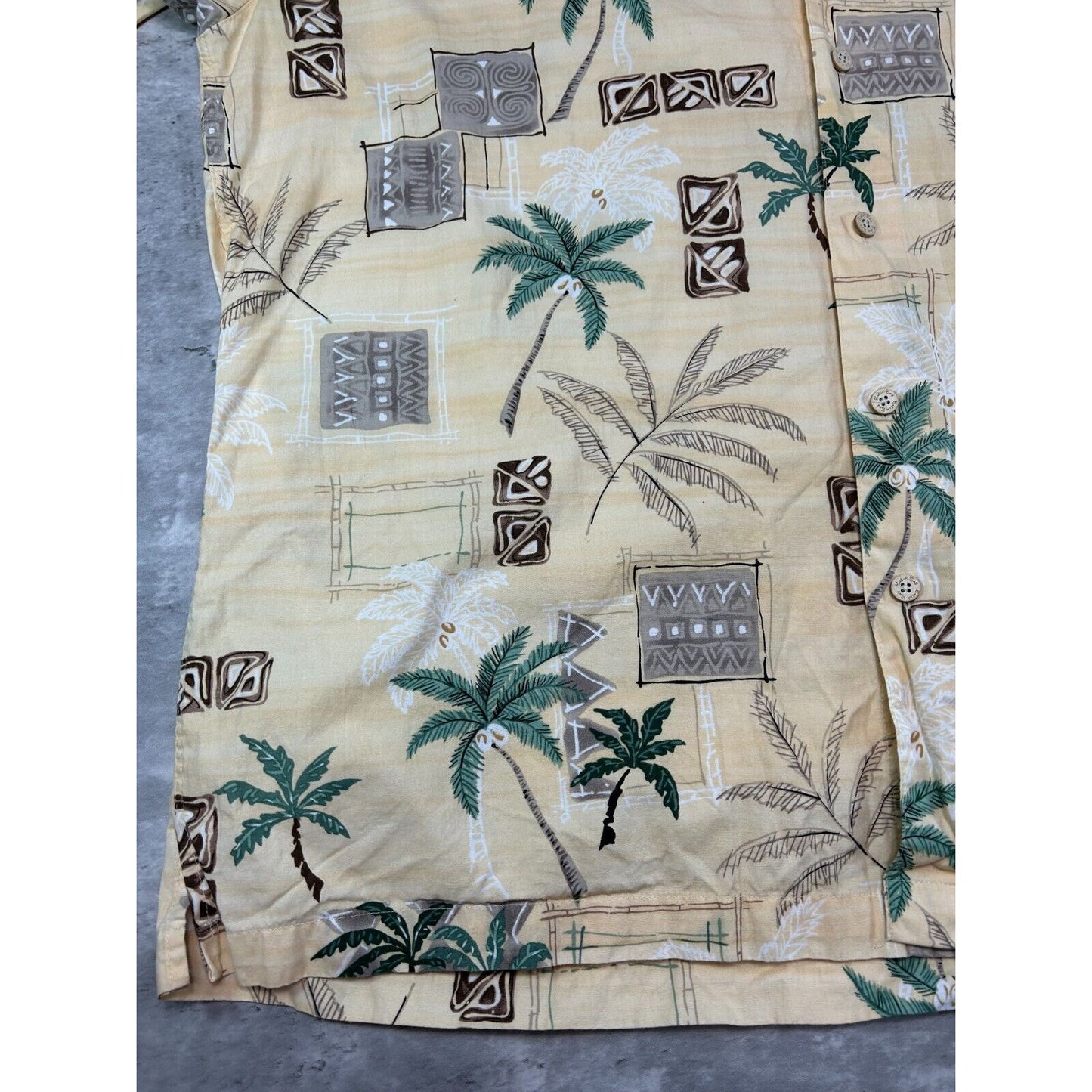 Vintage Palm Tree Pattern Print Short Sleeve Button Up Shirt Size XL Yellow
