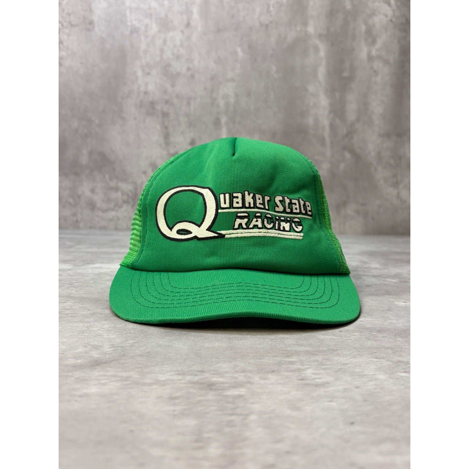 Vintage 80s Quaker State Racing Graphic Spellout Trucker Snapback Hat OSFA