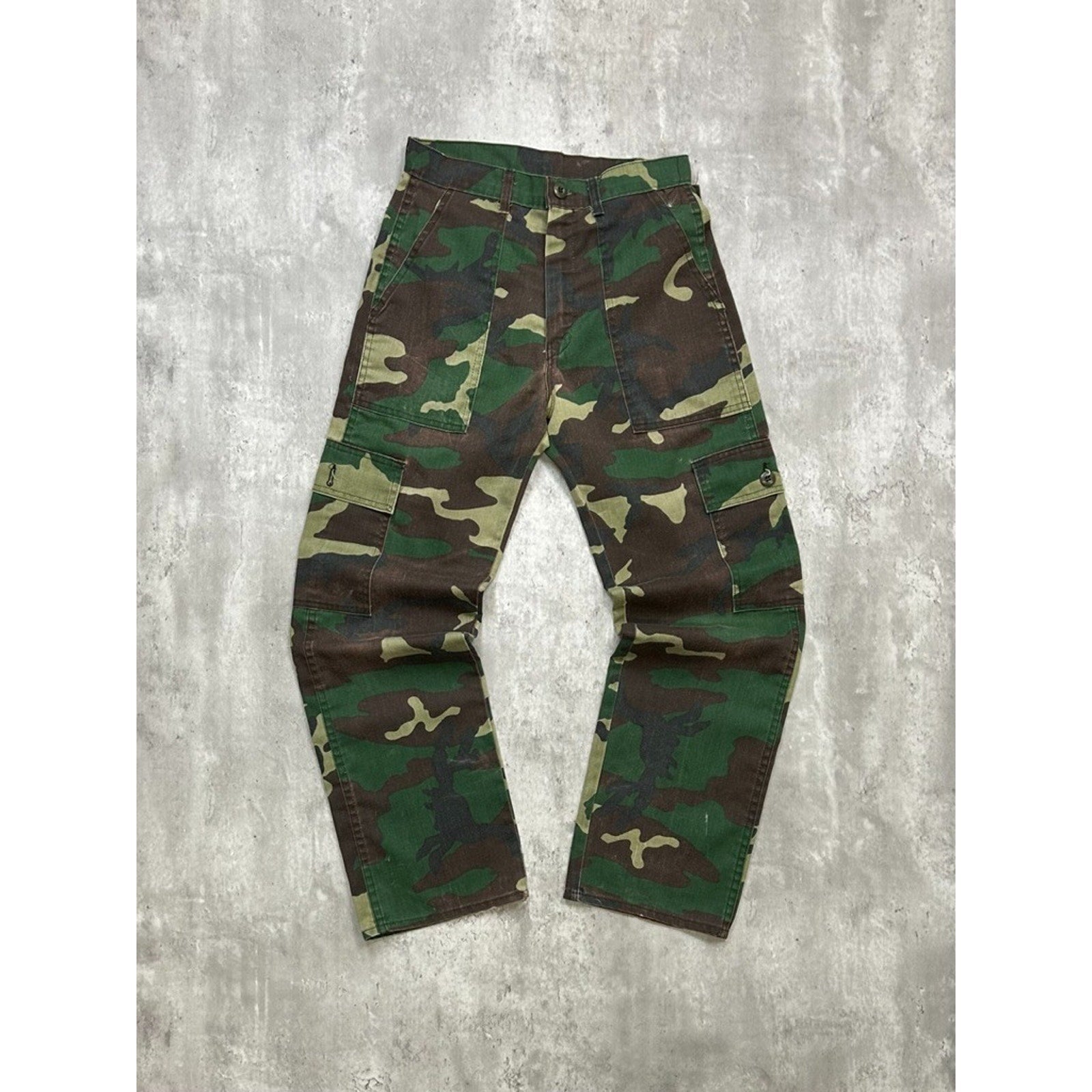 Vintage 1980s Dee Cee Brand Woodland Camo Military Style Cargo Pants Size 28