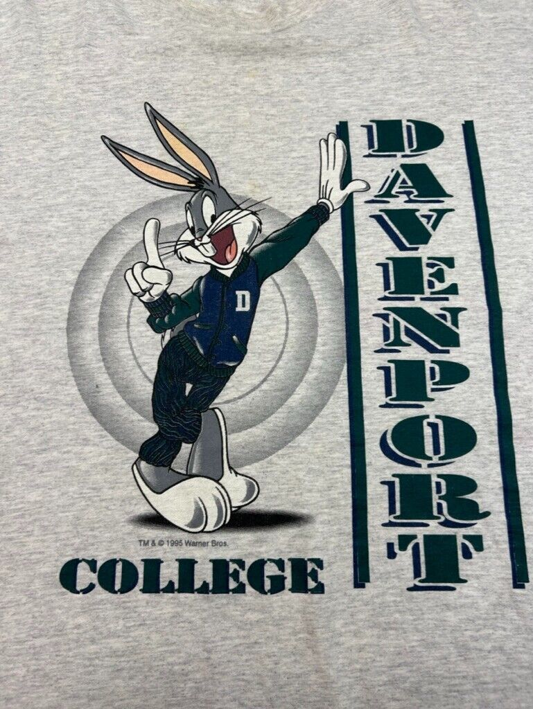 Vintage 1995 Looney Tunes Bugs Bunny Davenport College Graphic T-Shirt Sz XL 90s