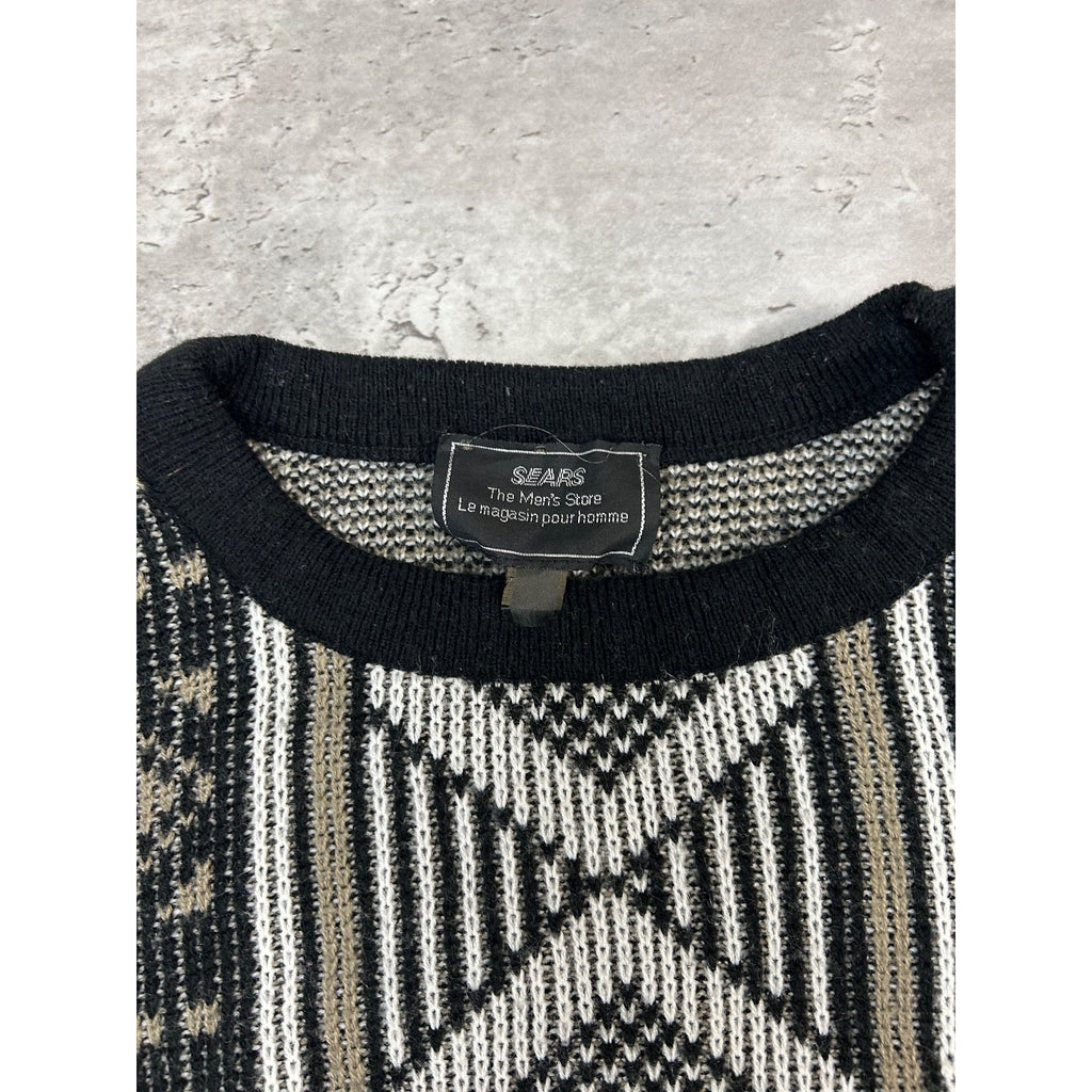 Vintage 80s Sears Geometric Striped Print Pullover Knit Sweater Size Medium