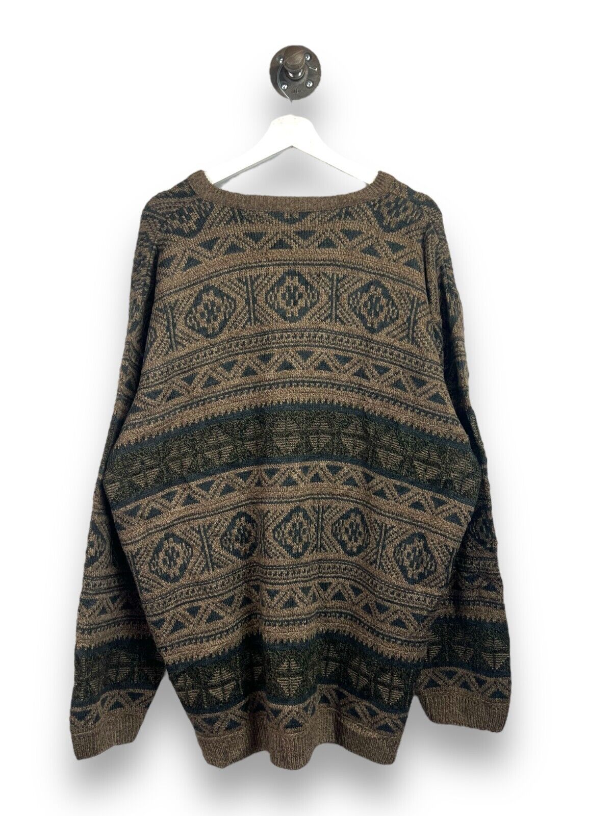 Vintage 90s Outline Aztec Pattern Pullover V Neck Knit Sweater Size XL Brown