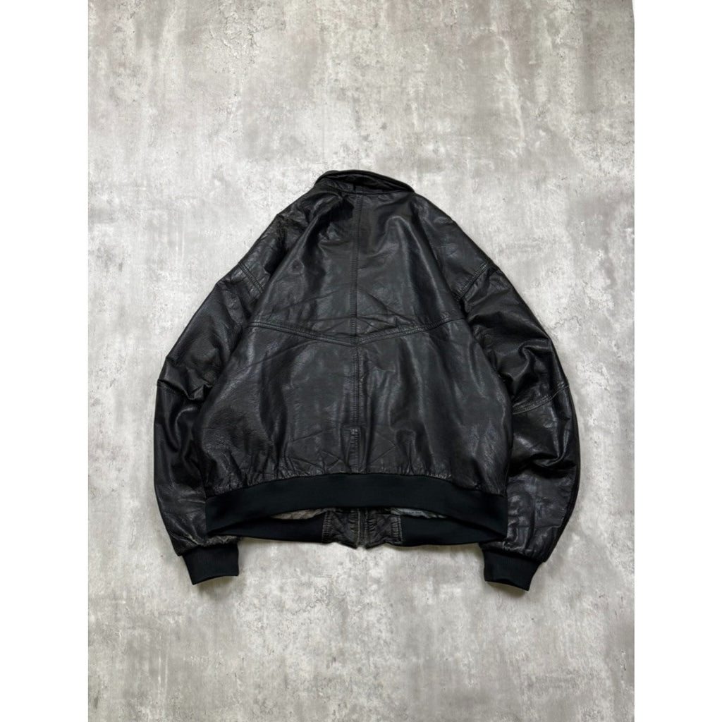 Vintage Leather Globe Pattern Lined Full Zip Bomber Jacket Size XL