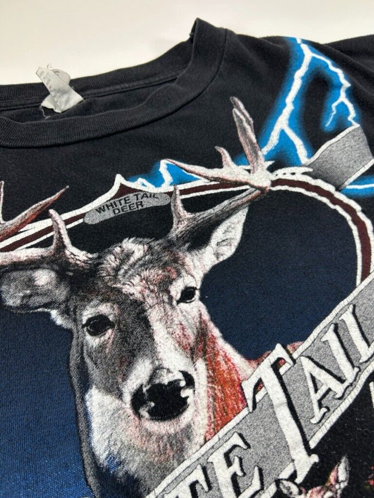 Vintage American Thunder White Tail Deer Lightning Graphic T-Shirt Size XL