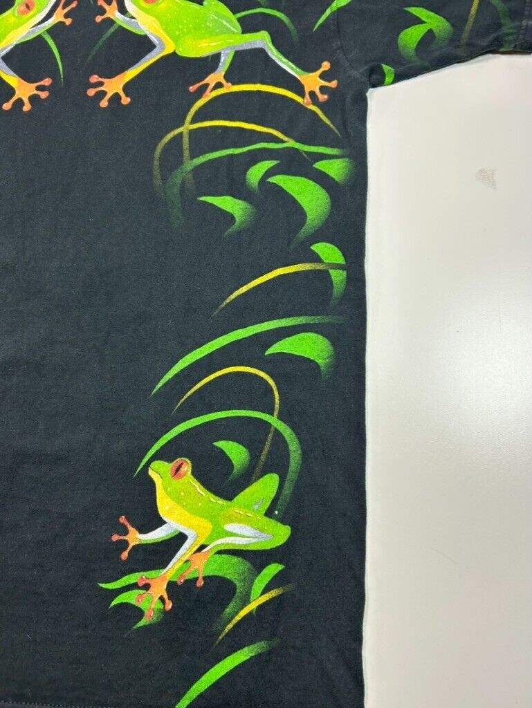 Vintage 90s Tree Frog Nature All Over Print Graphic T-Shirt Size XL Black