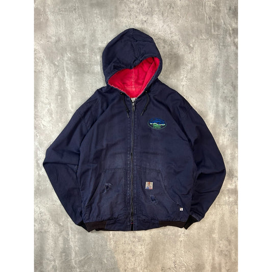 Vintage Tyndale FR Insulated Canvas Workwear Hooded Bomber Jacket Size XL Blue