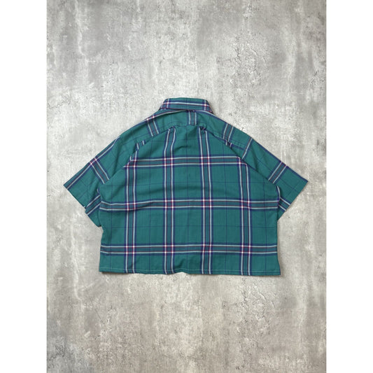 Vintage 80s Weekender Plaid Reworked Cropped Short Sleeve Button Up Shirt Size L