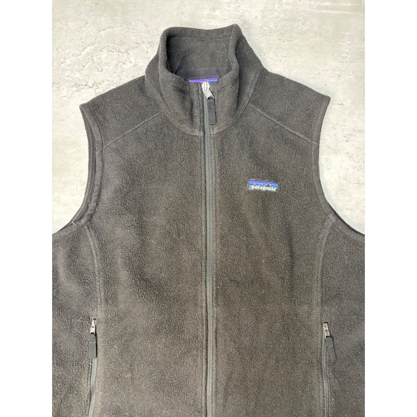 Vintage Womens Patagonia Embroidered Patch Full Zip Fleece Black Vest Sz Medium