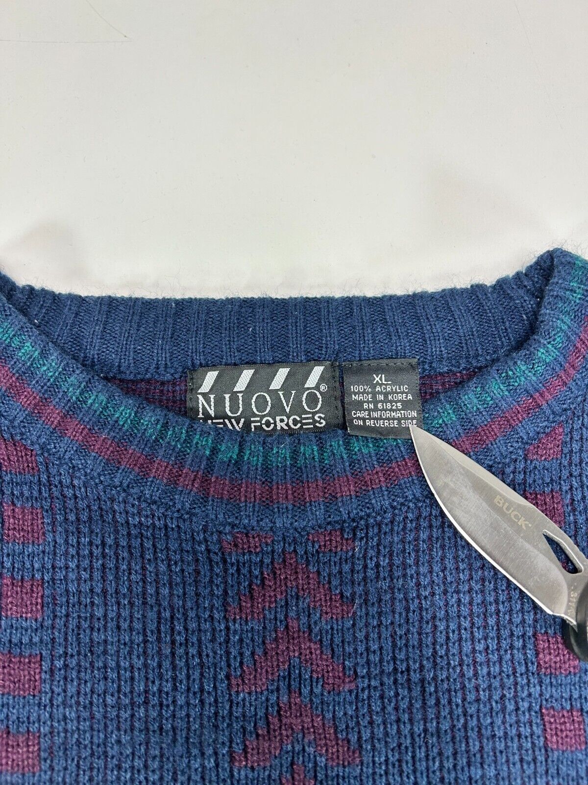 Vintage 90s Nuovo Striped Geometric Pattern Pullover Knit Sweater Size XL Blue