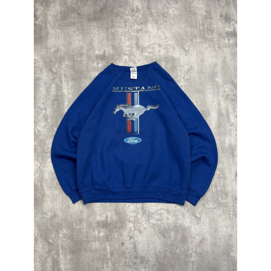 Vintage Ford Mustang Spellout Logo Graphic Car Sweatshirt Size Large Blue