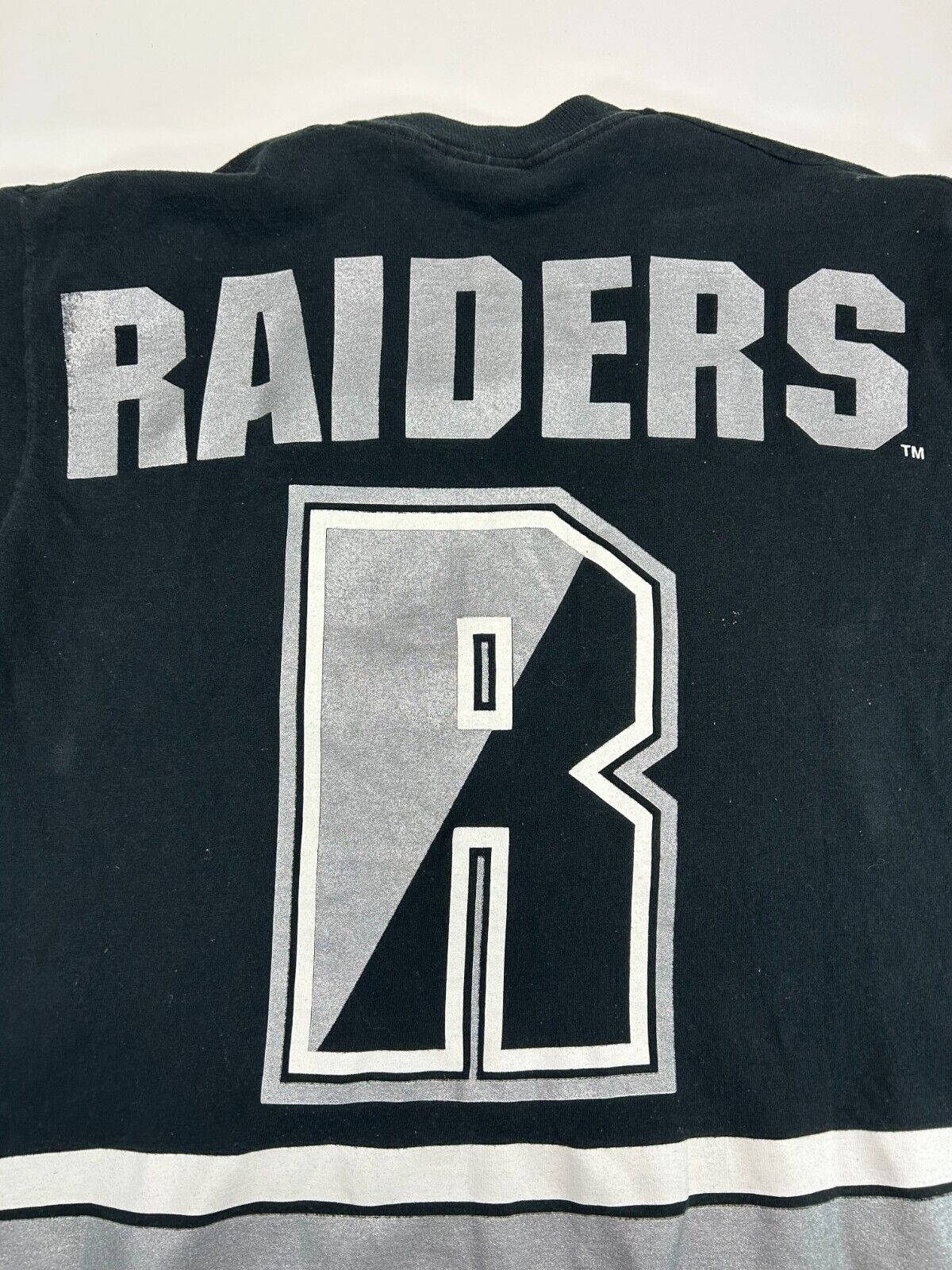 Vintage 90s Oakland Raiders NFL All Over Print Misprint Graphic T-Shirt Sz Large