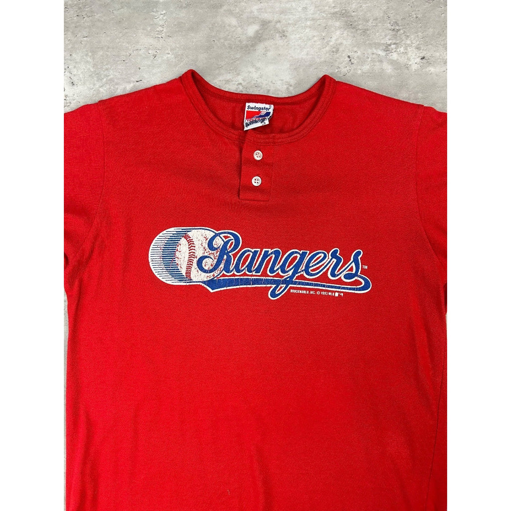 Vintage 1993 Texas Rangers MLB Graphic 1/4 Button Baseball T-Shirt YOUTH XL