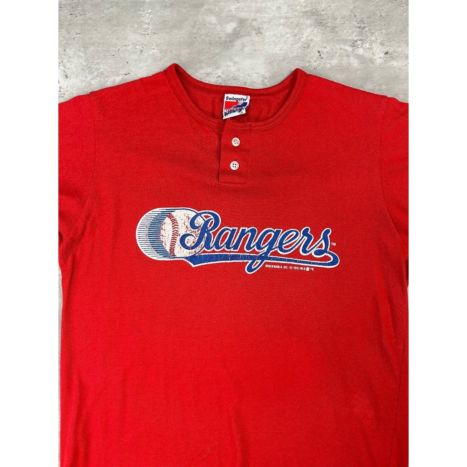 Vintage 1993 Texas Rangers MLB Graphic 1/4 Button Baseball T-Shirt YOUTH XL