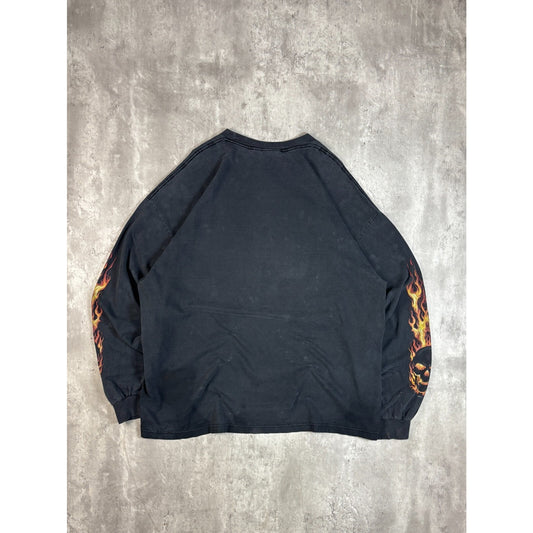 Vintage Y2K Flame Skull Sleeve Graphic Long Sleeve T-Shirt Size XXXL Black