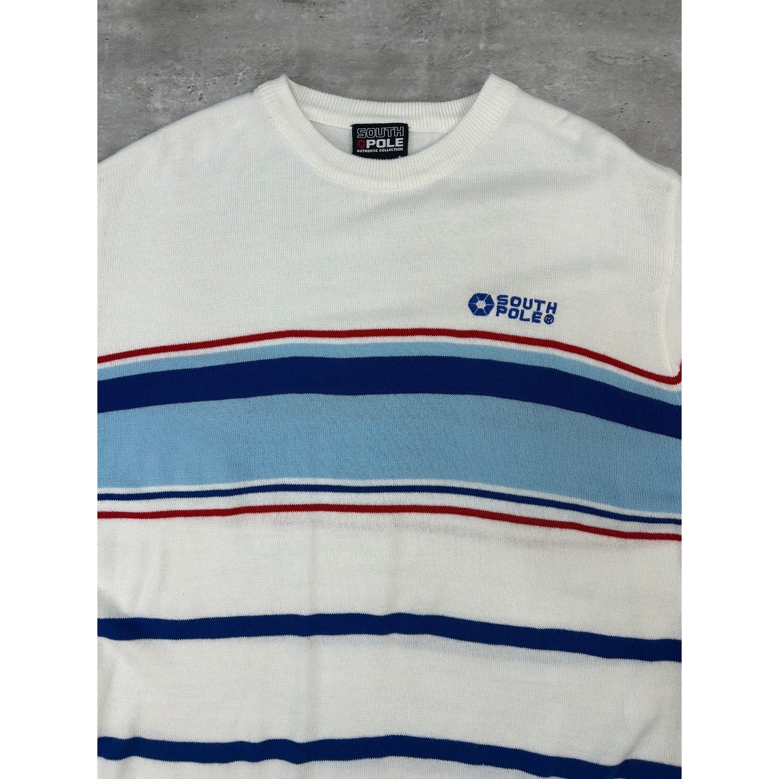 Vintage Y2K South Pole Striped Embroidered Logo Knit T-Shirt Size Large