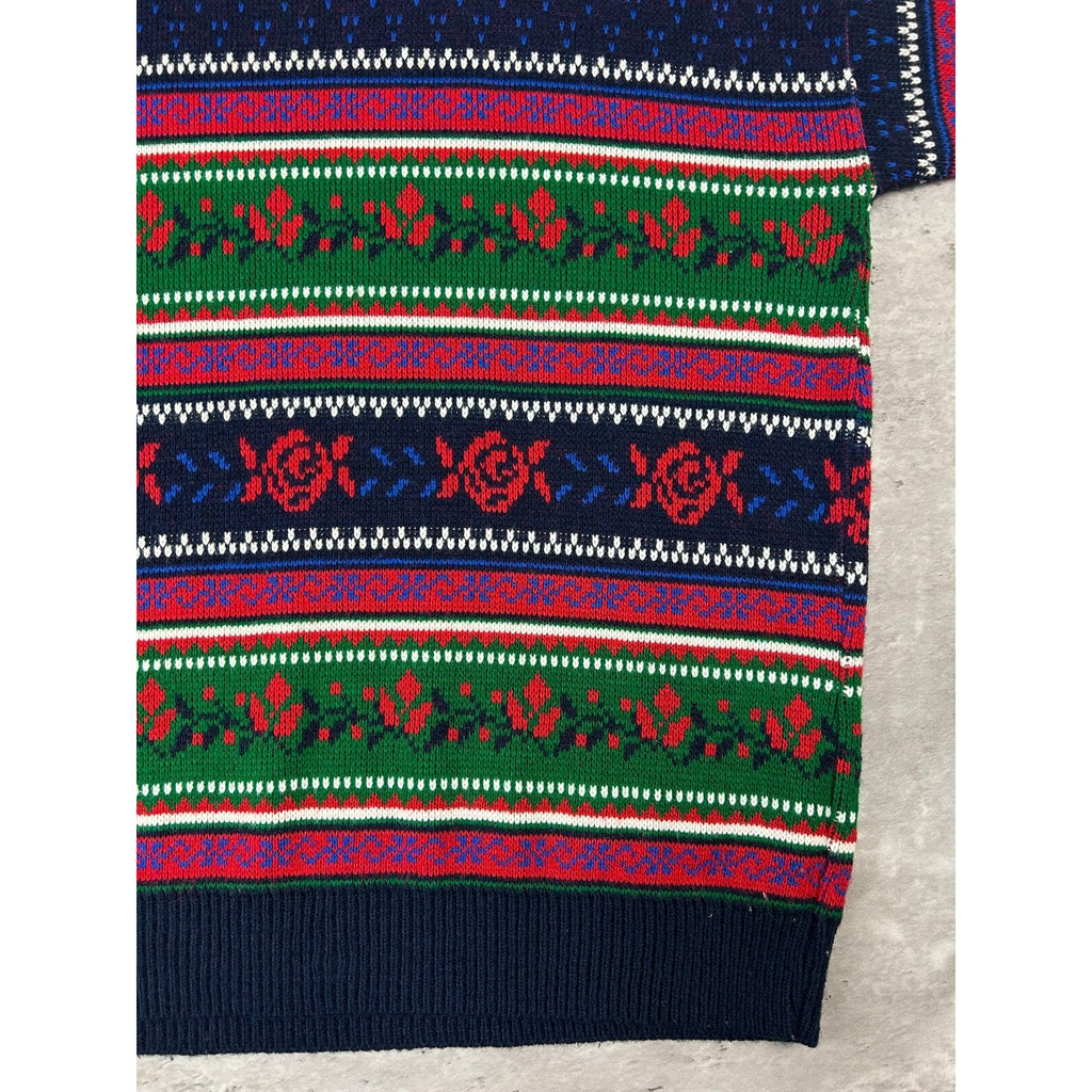 Vintage 90s Rose Striped Print Pullover Turtle Neck Knit Sweater Size Large
